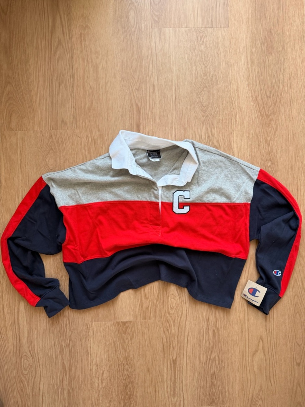 Champion Cropped Colorblock Rugby Shirt - Red, Navy, Gray